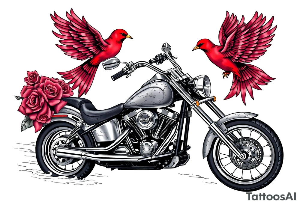 Harley grey motorcycle driving away, two red birds flying, roses, flames, angel wings tattoo idea
