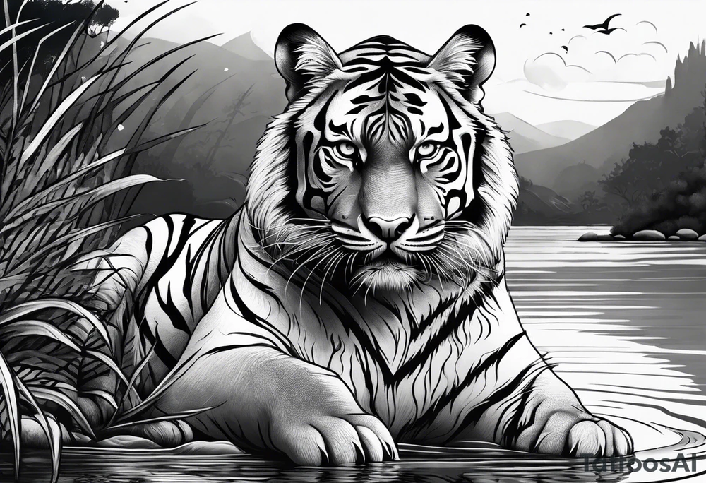minimalist tiger near water tattoo idea