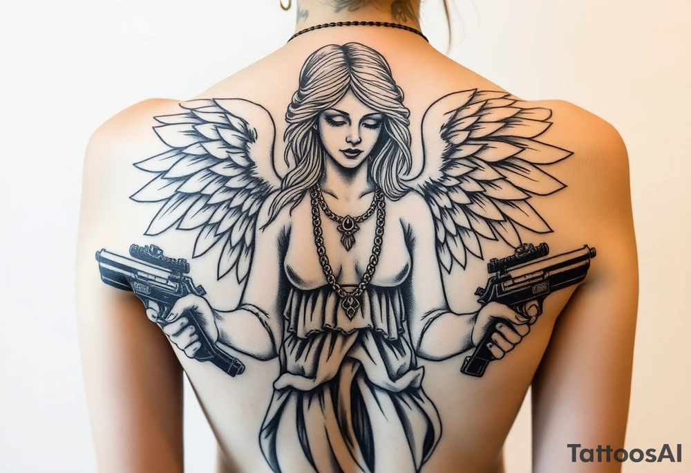old angel statue in criminal style, tattooed and at the same time contemporary, weapons in hand, gangster-style gold necklaces tattoo idea