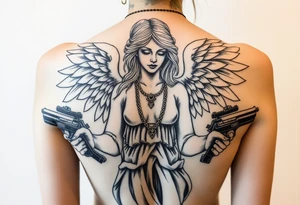 old angel statue in criminal style, tattooed and at the same time contemporary, weapons in hand, gangster-style gold necklaces tattoo idea