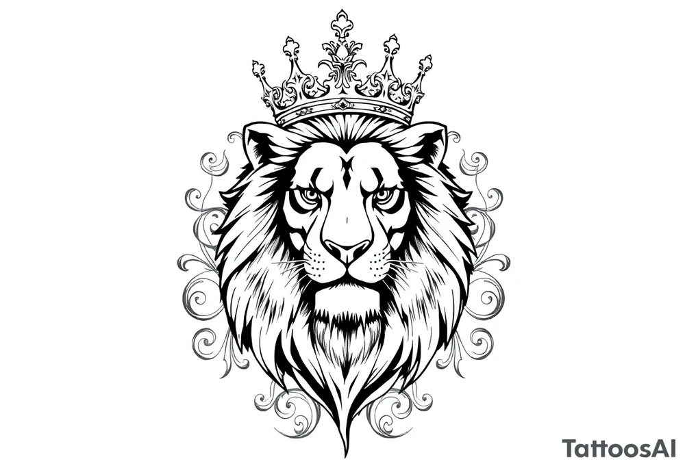 majestic lion wearing ornate crown, surrounded by baroque flourishes tattoo idea