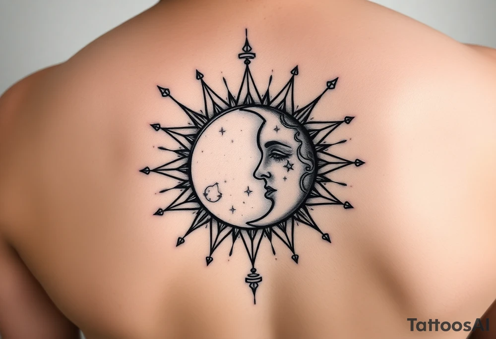 celestial sun and moon embrace with constellation patterns tattoo idea