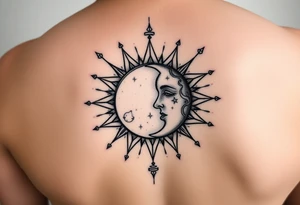 celestial sun and moon embrace with constellation patterns tattoo idea