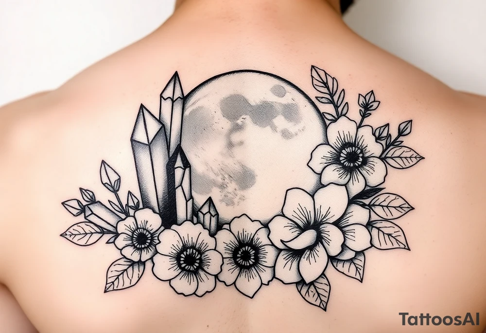 crystals and half the moon and flowers tattoo idea