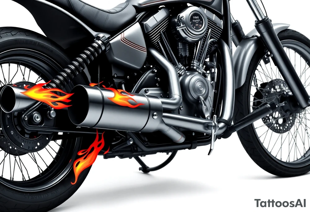 Low rider grey motorcycle, big muffler pipes with flames, angel wings tattoo idea