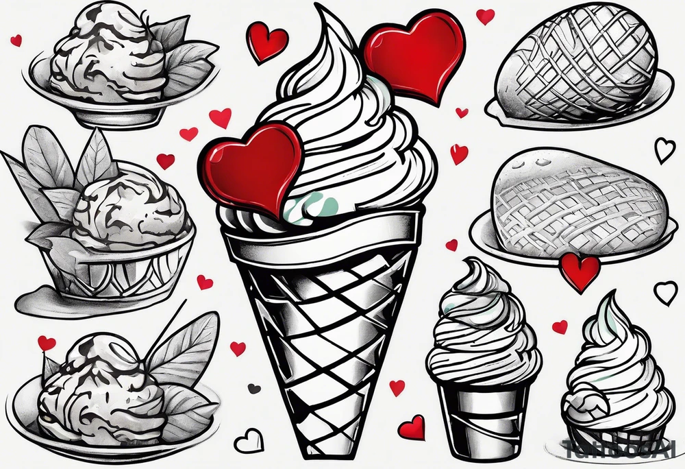 simple mint chocolate chip ice cream cone with small red heart on it somewhere while representing Paris tattoo idea