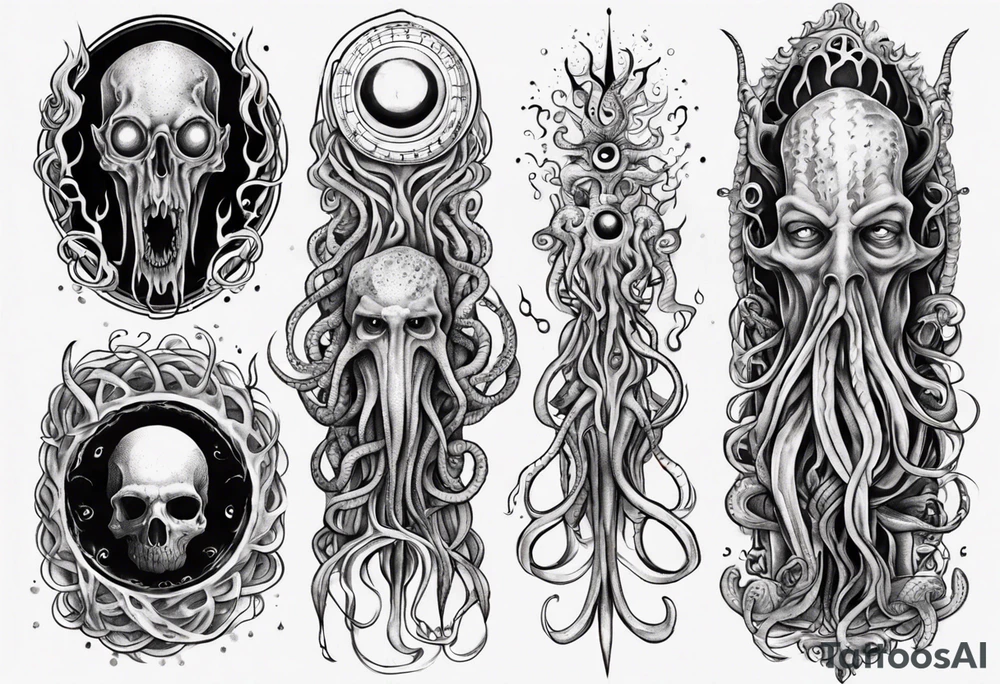 lovecraft long tattoo to put on the forearm, with eye and tentacle tattoo idea