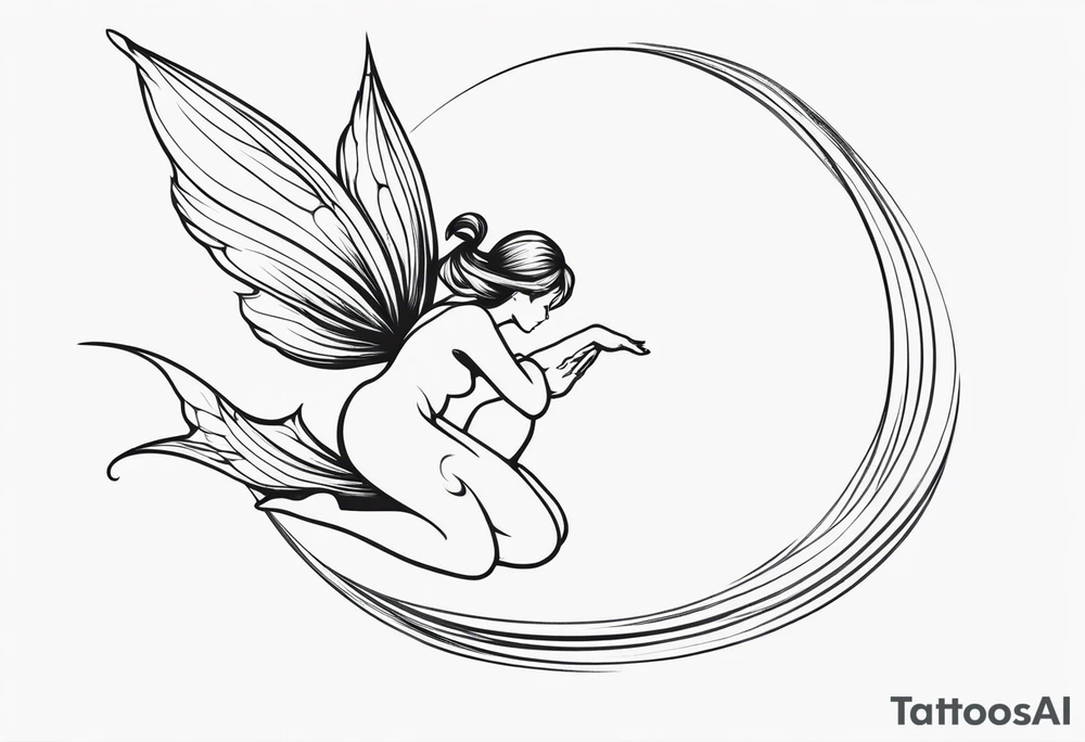 Minimalistic, monochromatic fairy with a tail flying to the left in a fetal position, leaning and looking in the same direction, with visible hands, embodying the 'Fairy Tail' logo aesthetic. tattoo idea