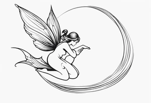 Minimalistic, monochromatic fairy with a tail flying to the left in a fetal position, leaning and looking in the same direction, with visible hands, embodying the 'Fairy Tail' logo aesthetic. tattoo idea