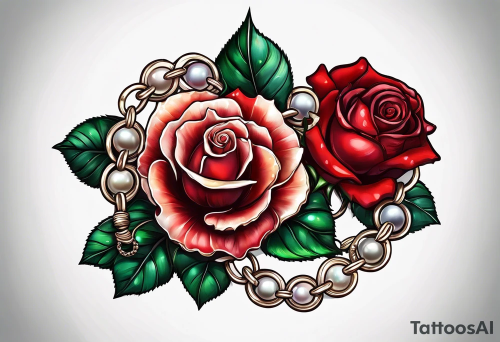 Red rose with a chain made of pearls and a seashell tattoo idea