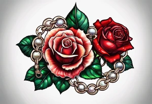 Red rose with a chain made of pearls and a seashell tattoo idea