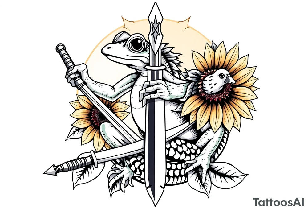 Frog warrior sword 3duck dragon sunflower tattoo idea