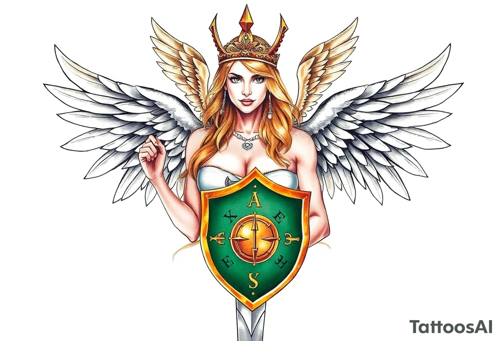 blonde valkyrie -- full sword -- shield with runes -- image should show entire body of the valkyrie from head to feet -- she should have large breasts and beautiful  -- hyper realistic, should look like a real person -- both wings -- full color -- mythical -- classic painting -- winged tiara -- green shield -- sly smile -- more real tattoo idea