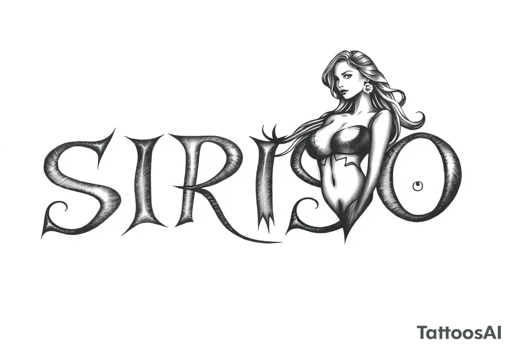 Abstract Tribal font saying “SIRISO” with all letters close together and the S in SIRISO connected to the O and a silloute of a sexy Latina woman on top of the words tattoo idea