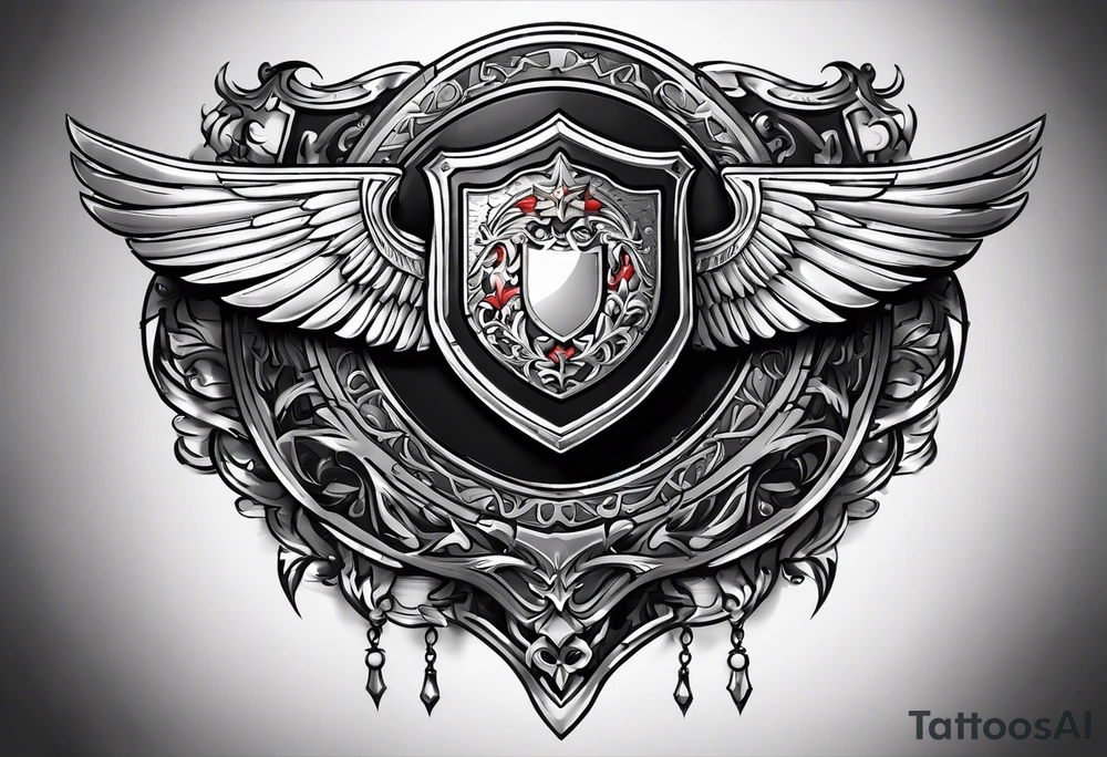 Design a large chest shield the includes the upper shoulder.  The theme should be family forever.  In the center of the chest shield will be the family crest. tattoo idea