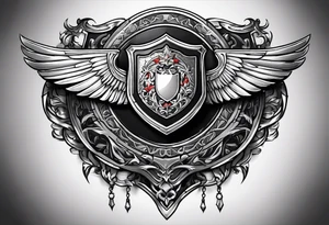 Design a large chest shield the includes the upper shoulder.  The theme should be family forever.  In the center of the chest shield will be the family crest. tattoo idea