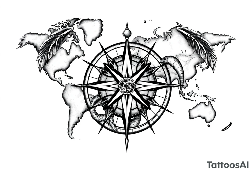 antique compass rose overlaid on weathered fictional world map with mythical sea creatures tattoo idea