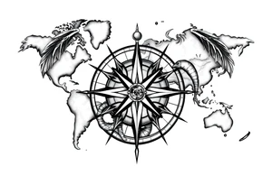 antique compass rose overlaid on weathered fictional world map with mythical sea creatures tattoo idea