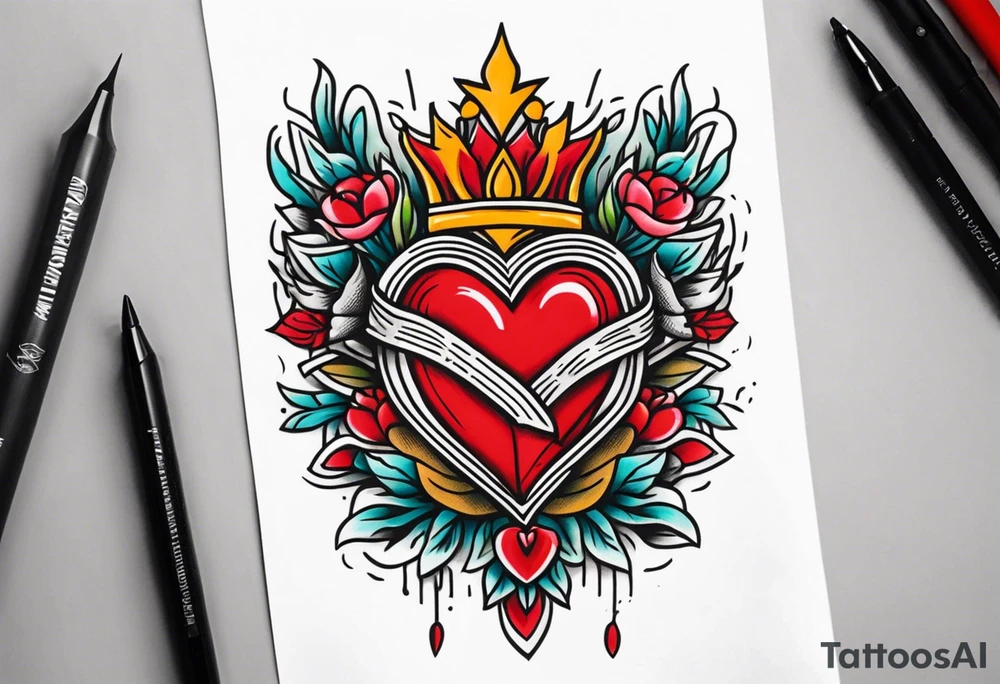 sacred heart vintage traditional tattoo simple sketch old school bold colors with banner tattoo idea