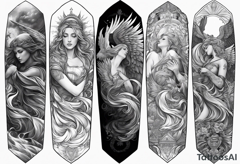 arm sleeve heaven at the top, angel
falling down hellscape at bottom tattoo idea