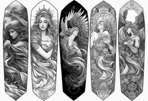 arm sleeve heaven at the top, angel
falling down hellscape at bottom tattoo idea