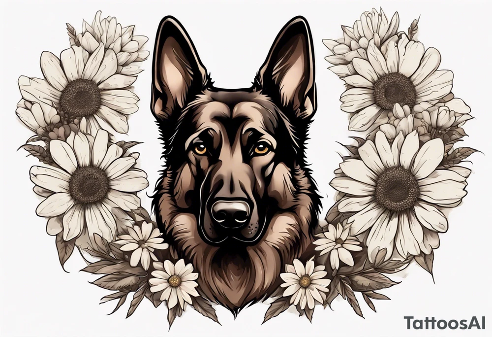 Dark Brown German shepherd portrait surrounded by  daisies tattoo idea