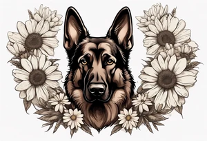 Dark Brown German shepherd portrait surrounded by  daisies tattoo idea