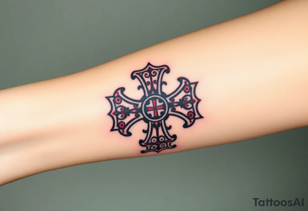 A Gothic-style Maltese cross with dark crimson shading and intricate baroque filigree, evoking mystery and power tattoo idea