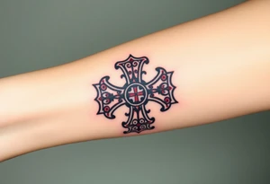 A Gothic-style Maltese cross with dark crimson shading and intricate baroque filigree, evoking mystery and power tattoo idea