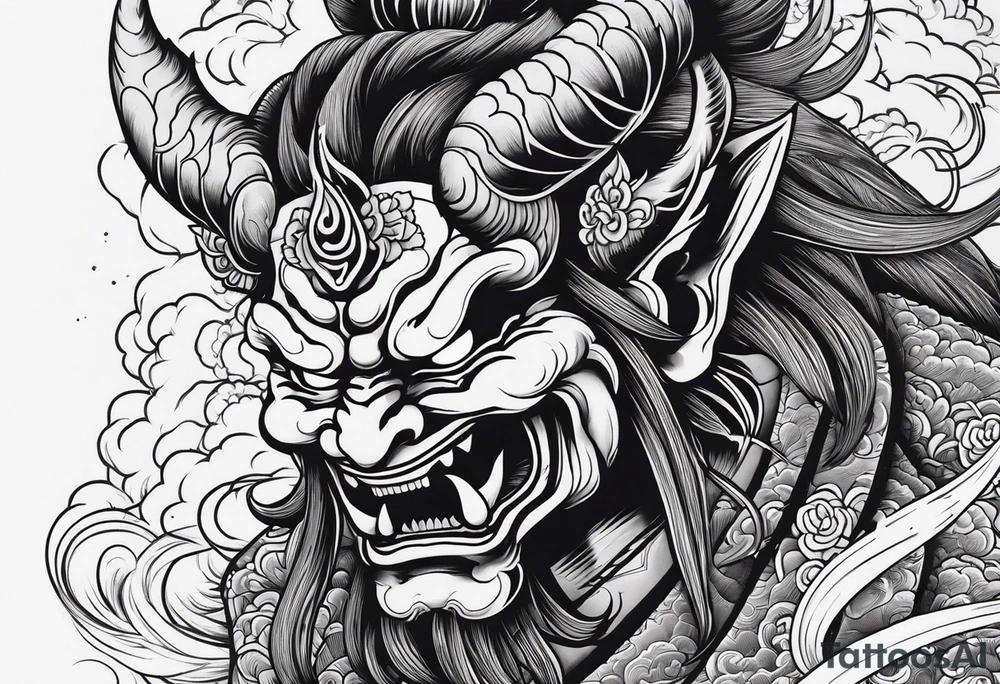 Japanese oni demon facing half sideways with subtle smoke coming out its mouth. With some Japanese cultural things surrounding it tattoo idea