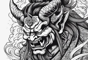 Japanese oni demon facing half sideways with subtle smoke coming out its mouth. With some Japanese cultural things surrounding it tattoo idea