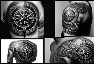 draw me a tattoo with an old clock and a compass rose. shadows of roman numerals are in the background. it is a tattoo located on the left shoulder of a man. it is black and white. tattoo idea