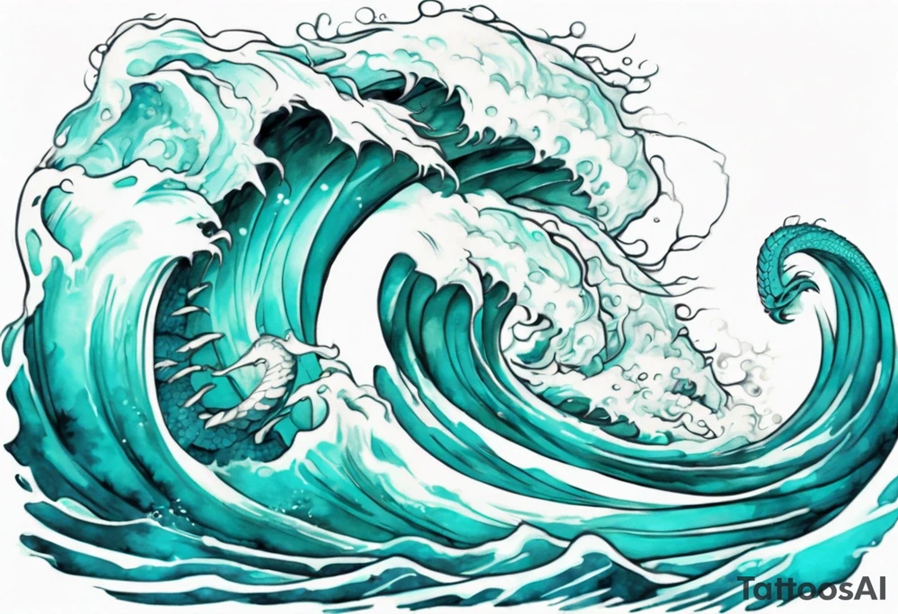 a beautiful turquoise sea serpent emerging from an ocean wave, crashing onto the shore tattoo idea