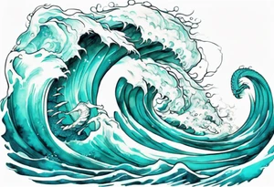 a beautiful turquoise sea serpent emerging from an ocean wave, crashing onto the shore tattoo idea