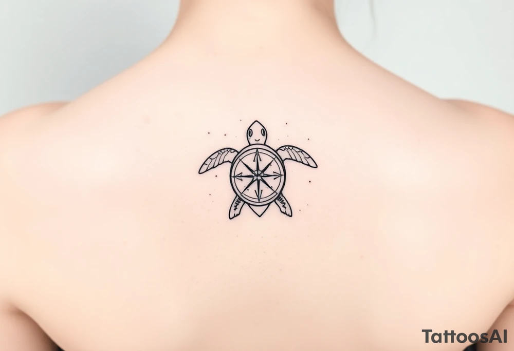 fine line tattoo of a turtle combined with a compass tattoo idea