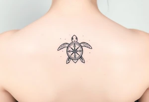 fine line tattoo of a turtle combined with a compass tattoo idea