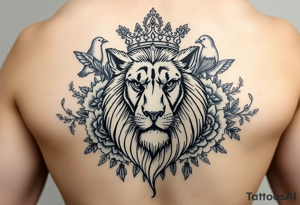 powerful majestic lion with a crown, surrounded by floral ornaments and birds tattoo idea