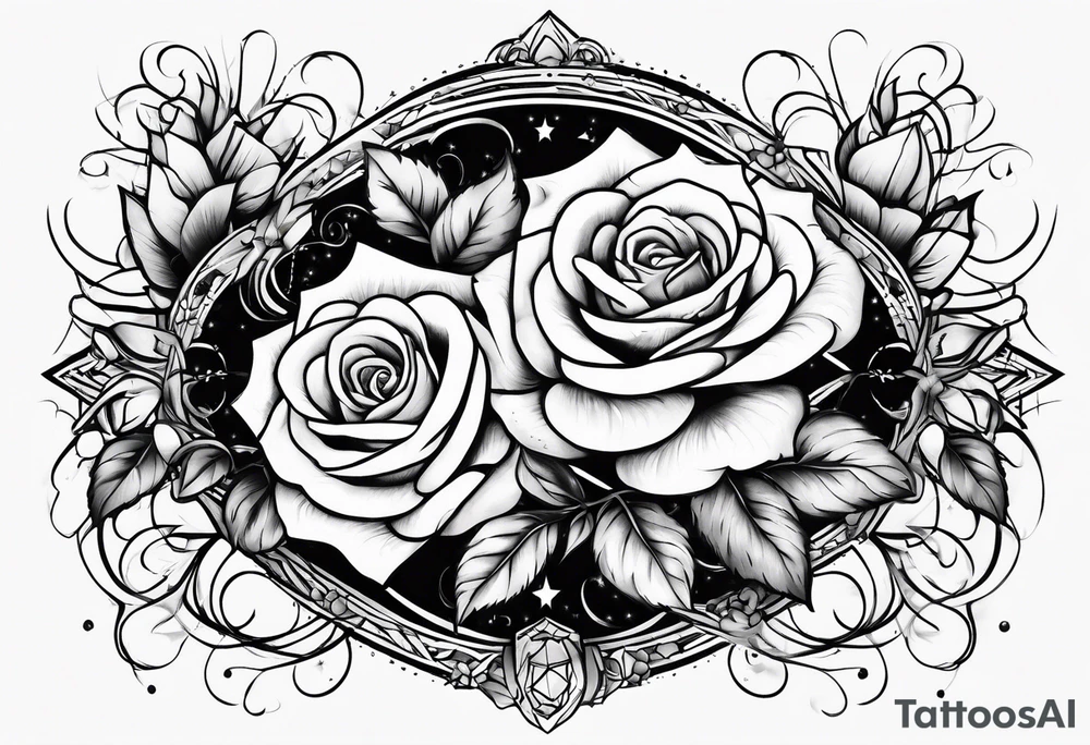 Tesseract with big roses and small stars around it tattoo idea