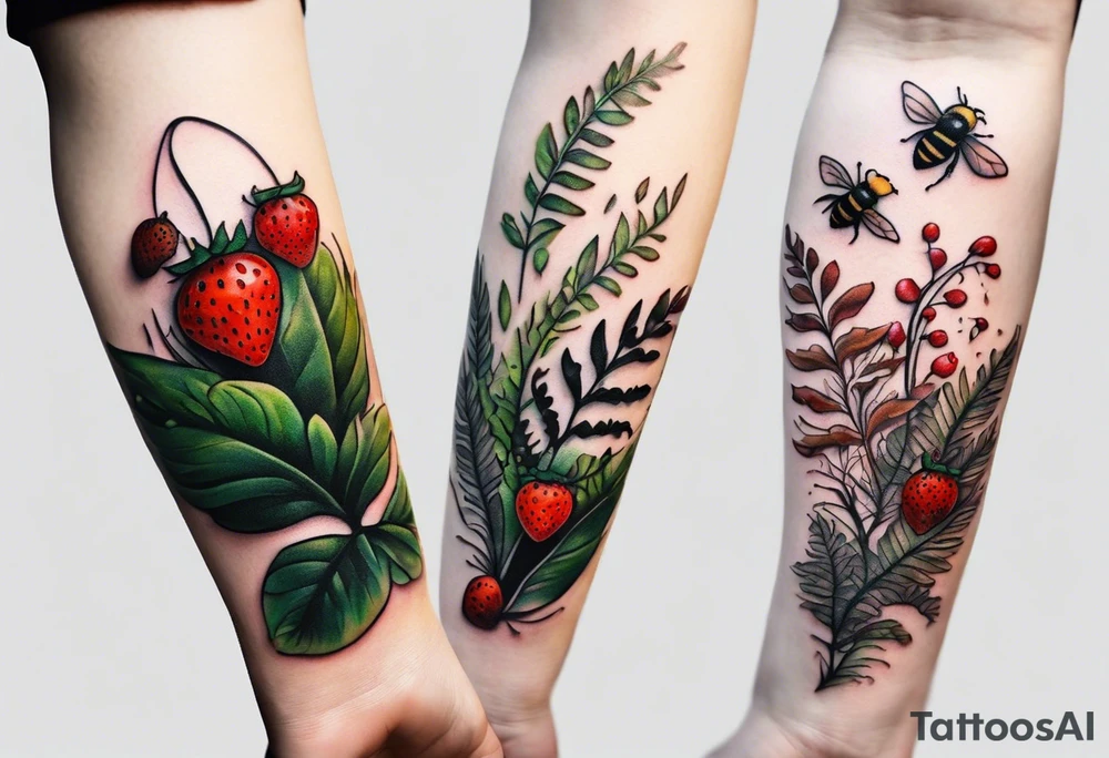 forest floor inspired minimalist tattoo, which includes grass, curly ferns and dead leaves as the bulk of the tattoo. details to include: three very tiny strawberries, a tiny bumblebee flying nearby, three small brown mushrooms tattoo idea