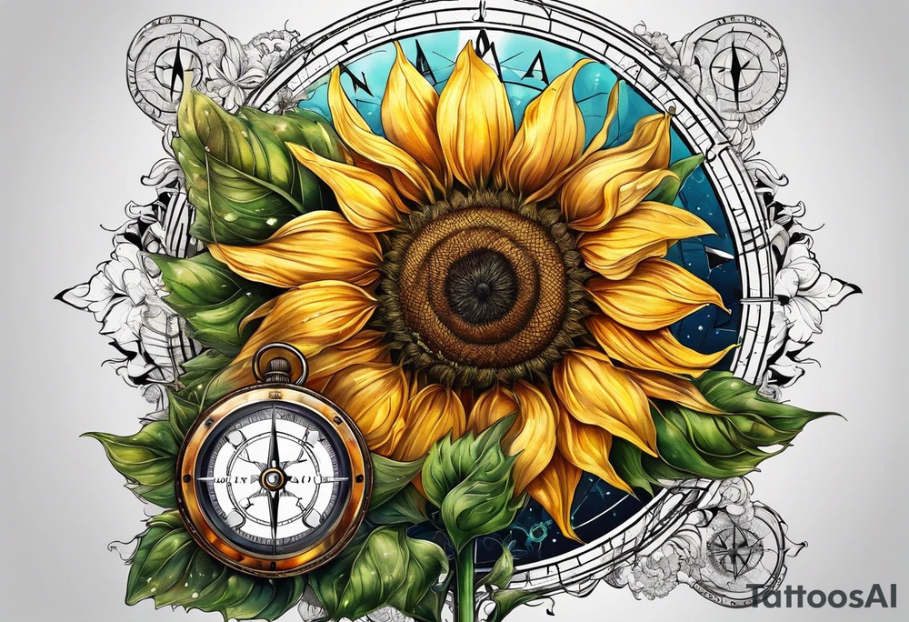 Sunflower next to a compass tattoo idea