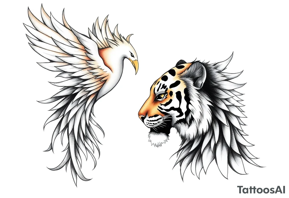 A phoenix and a tiger facing eachother tattoo idea