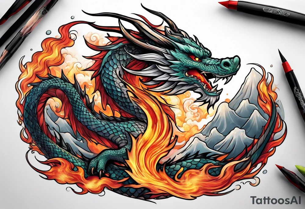 Dragon and flame clouds tattoo idea