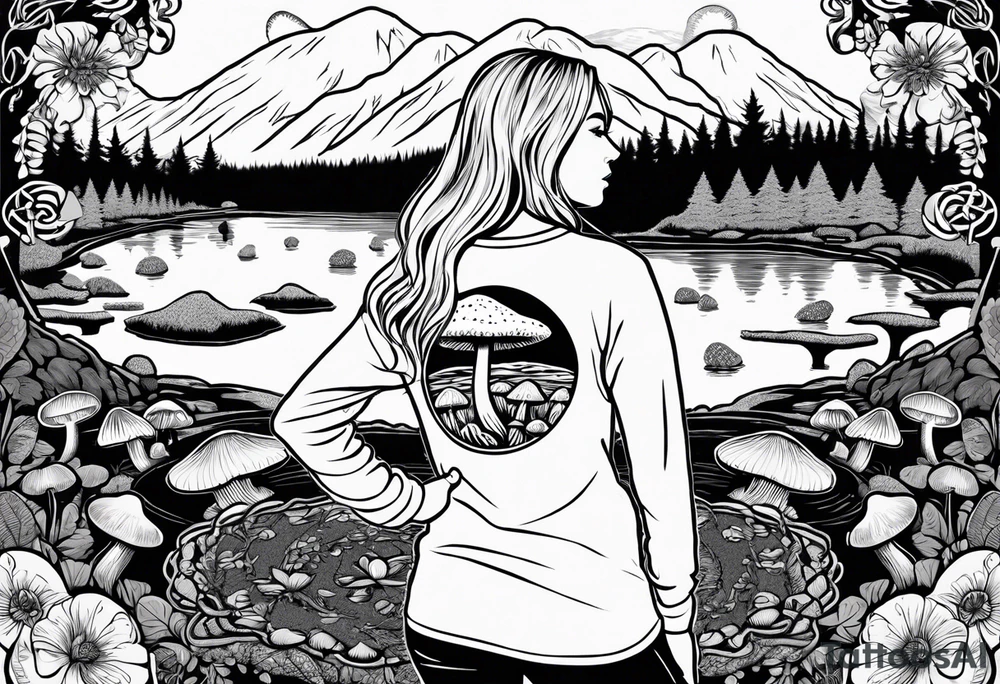 Whole picture encircled fully

Straight long blonde hair hippie girl in distance holding mushrooms in hand facing away toward mountains and creek surrounded by mushrooms long sleeve shirt and hiking pants; whole rendering within a full celtic circle, no cut off circle tattoo idea