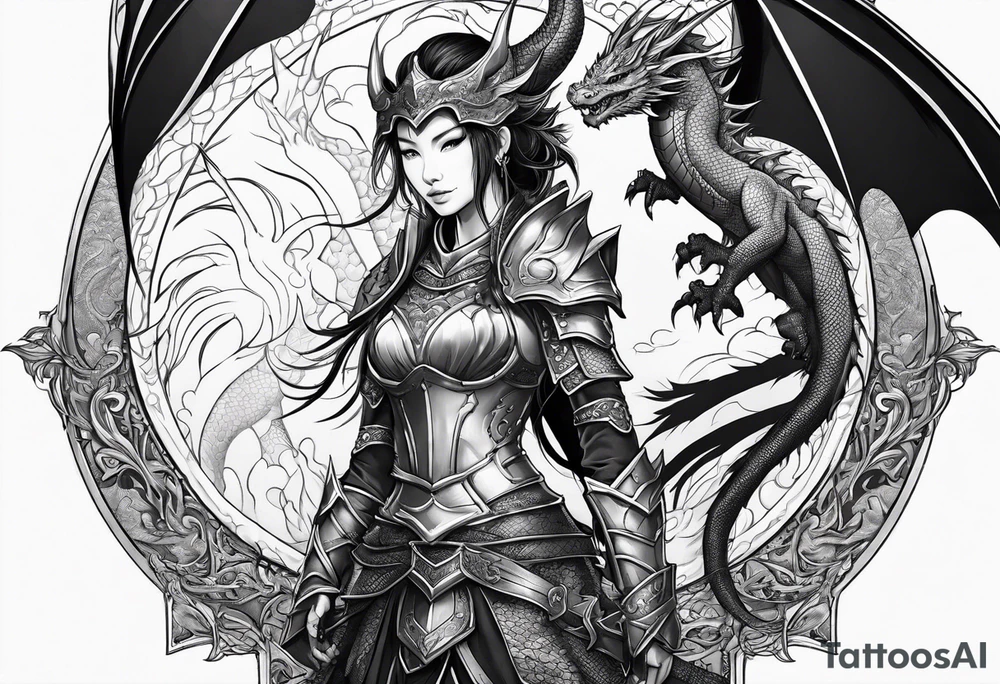 beautiful warrior woman wearing dragon armor and a dragon flying tattoo idea