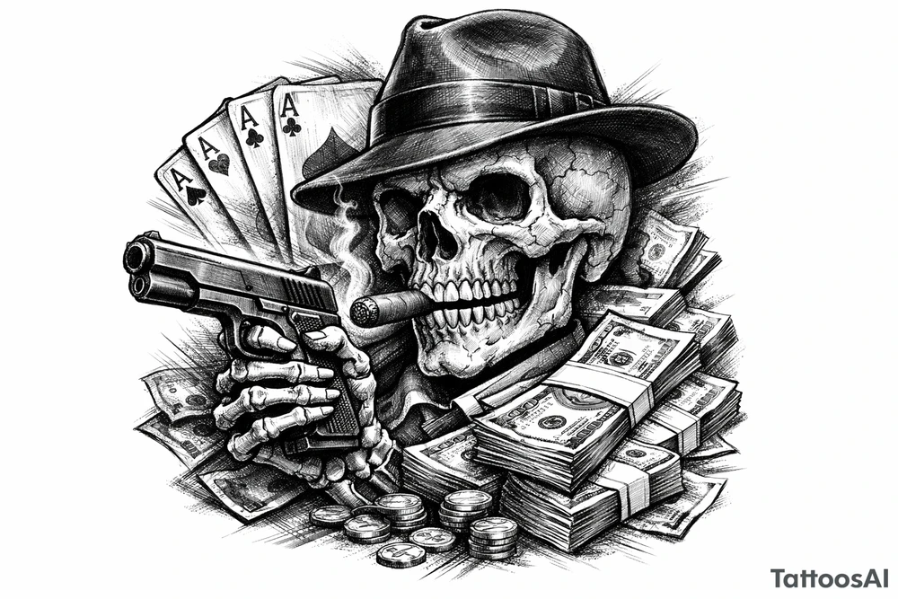 skull with gangster-hat,cigar in his mouth,gun in a skeleton-hand,playing cards,a lot of money. tattoo idea