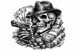 skull with gangster-hat,cigar in his mouth,gun in a skeleton-hand,playing cards,a lot of money. tattoo idea