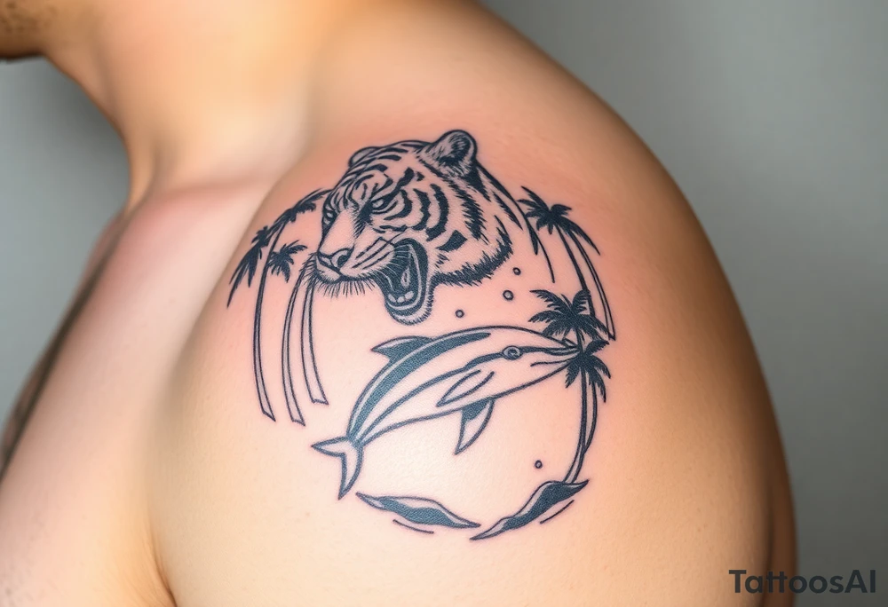 fierce tiger emerging through the trees with a jumping dolphin and palm trees underneath it tattoo idea