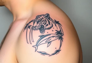 fierce tiger emerging through the trees with a jumping dolphin and palm trees underneath it tattoo idea