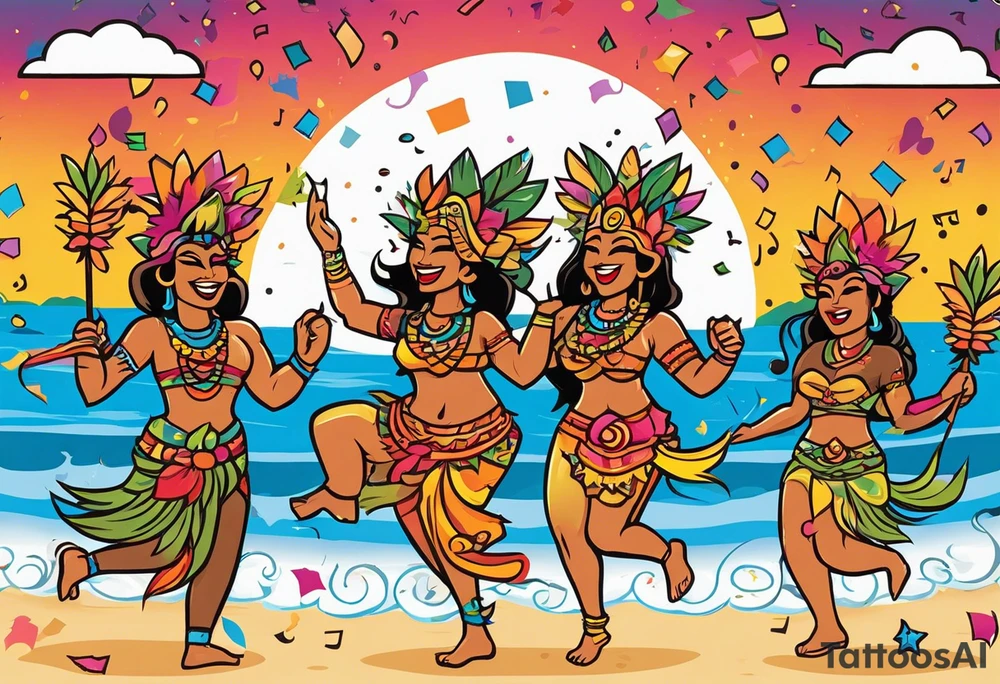 dancing tiki gods dance party on the beach with a sunset in the center of the image with confetti and music notes tattoo idea