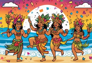 dancing tiki gods dance party on the beach with a sunset in the center of the image with confetti and music notes tattoo idea